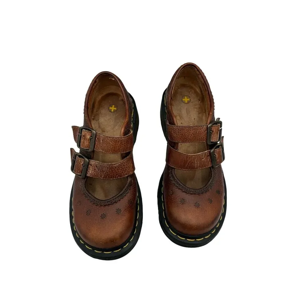 RARE Vtg Dr. Martens Women's 9Brown Leather Daisy Flower ShoesChunky Mary Jane - Picture 5 of 11
